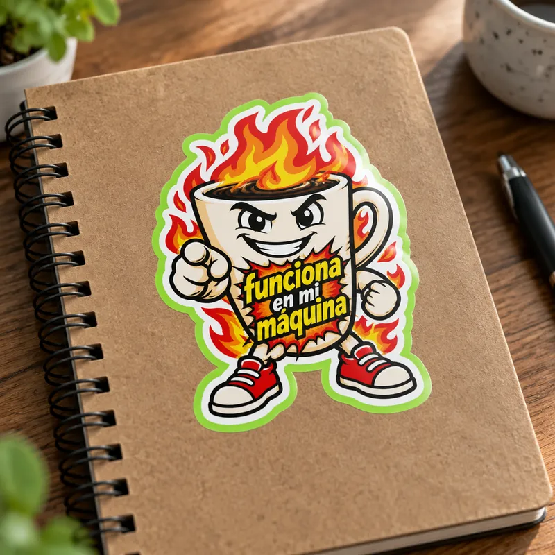 Sticker Café Invencible pegado en cuaderno